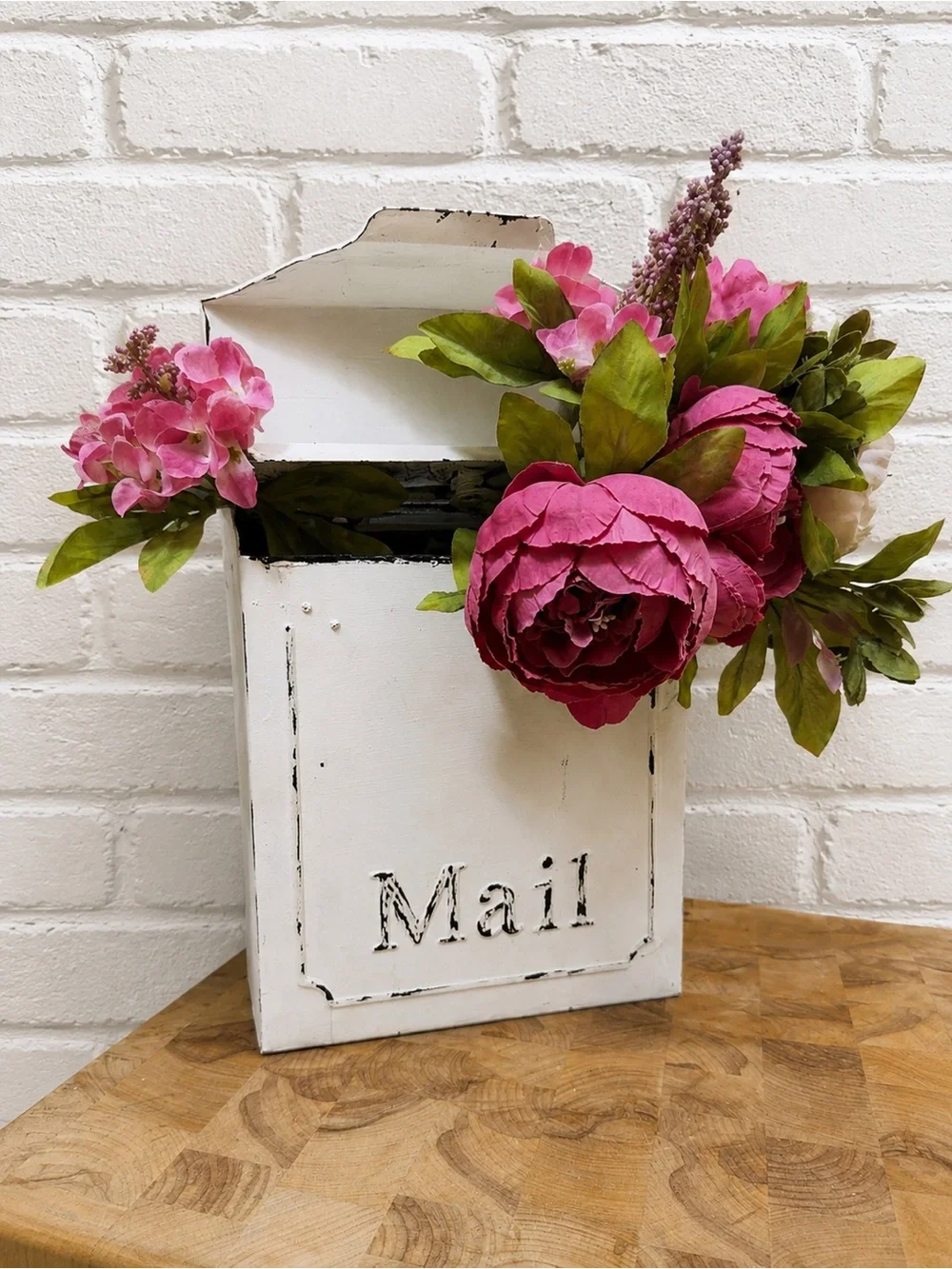 White Decorative Mail Holder with Pink Floral Accents